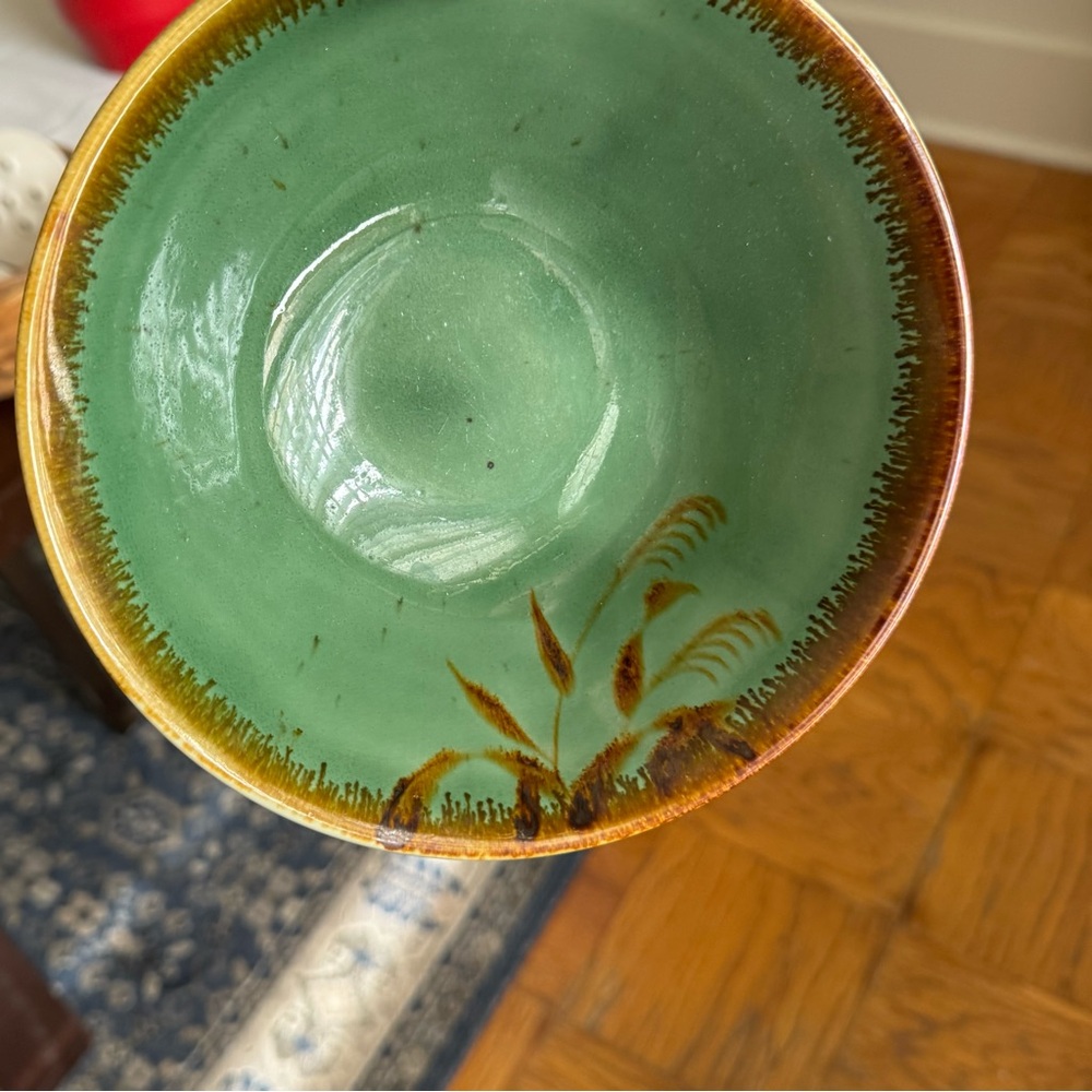 Handmade Ceramic Bowl. Green and Brown with Leaf Design / Glaze Shine. No Chips! - Picture 7 of 12